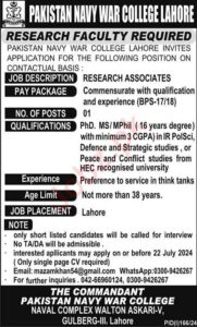 2024 Pakistan Navy Management Jobs in Lahore - Apply Now for Research Associate Positions