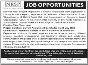 2024 Team Lead Management Jobs at National Rural Support Programme (NRSP) in Karachi – Apply Now!