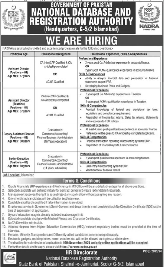 NADRA Headquarters Islamabad Jobs 2024